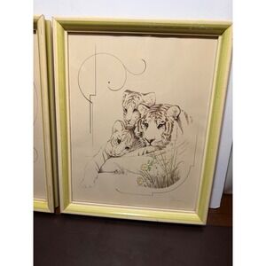 Vintage Tara Signed Wildlife Art Prints Set 2 Tiger Elephant Framed 11x13 Green